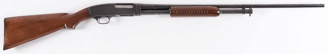 WINCHESTER MODEL 42-410 GA. PUMP SHOTGUN: WINCHESTER MODEL 42-410 GA. PUMP SHOTGUN. 28.25-inch full choke barrel, walnut stock and ribbed forearm, 90% + original bluing. Serial number 74971. Overall length 47.5 inches. This lot requires FFL f