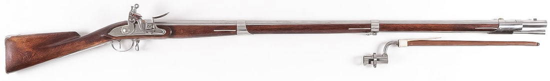 A FINE M1766 CHARLEVILLE MUSKET: A FINE M1766 CHARLEVILLE MUSKET. Comprising a finely crafted flintlock musket reproduction based on the specifications of the standard French infantry musket, with American walnut full stock with sati