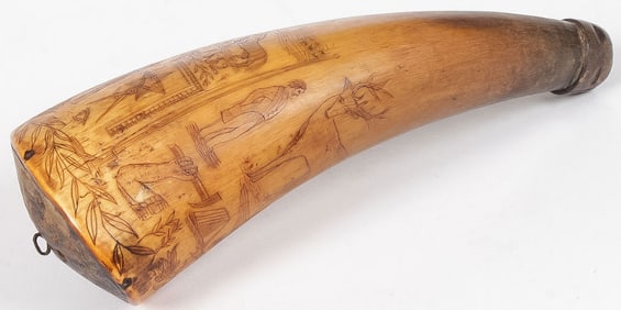 AN ATTRACTIVE AMERICAN SCRIMSHAW POWDER HORN