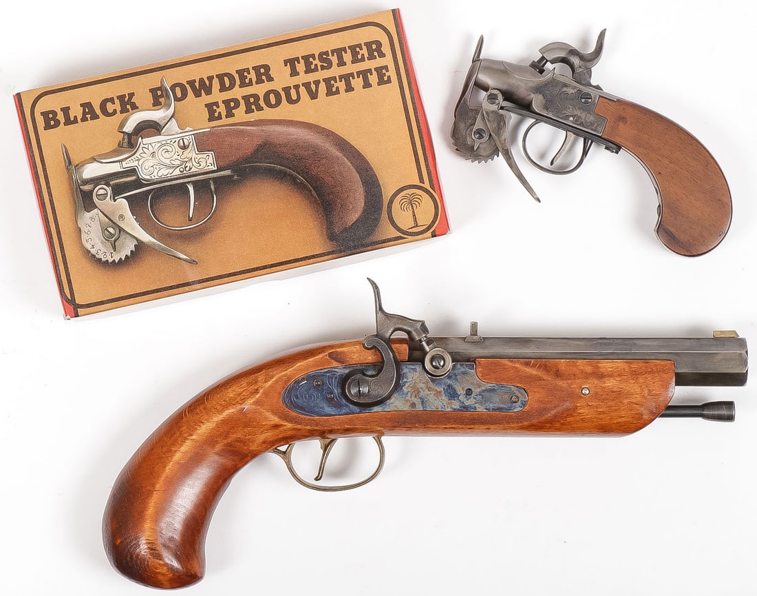 A PERCUSSION PISTOL & BLACK POWDER TESTER: A PERCUSSION PISTOL & BLACK POWDER TESTER. Comprising a Dikar Spain black powder only, .45 cal. percussion pistol with 6-inch octagonal barrel with rifled bore and front and rea sights, serial number 