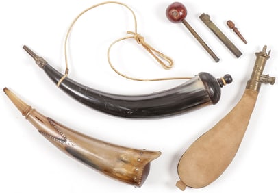 2 POWDER HORNS AND SHOT BAG