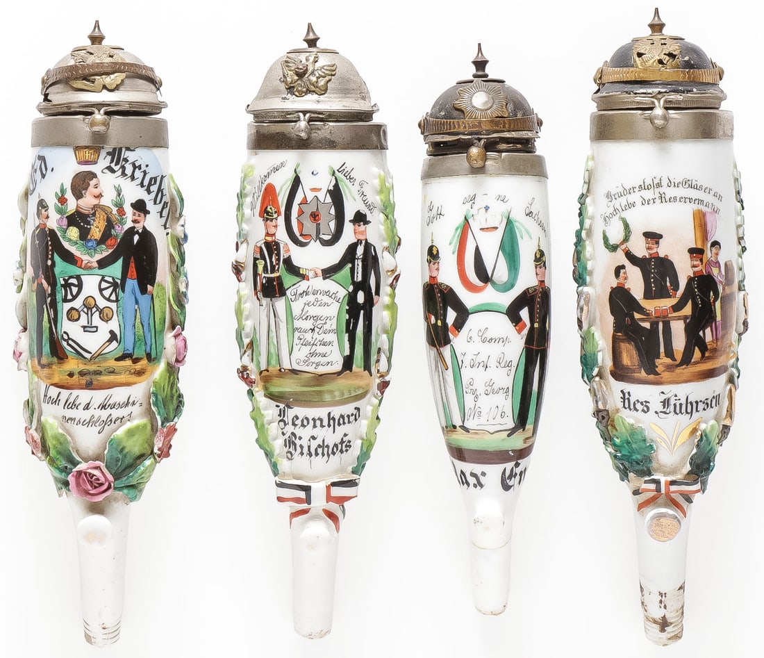 4 IMPERIAL GERMAN PORCELAIN RESERVIST PIPE BOWLS: 4 IMPERIAL GERMAN PORCELAIN RESERVIST PIPE BOWLS. Comprising 4 individual hand painted reservist pipe bowls, each showing specialty or occupation, each named and with dates between 1892-1908, three wi