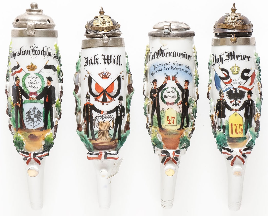 4 IMPERIAL GERMAN PORCELAIN RESERVIST PIPE BOWLS: 4 IMPERIAL GERMAN PORCELAIN RESERVIST PIPE BOWLS. Comprising 4 individual hand painted reservist pipe bowls, each showing specialty or occupation, each named and dated between 1894-1906, each with mol