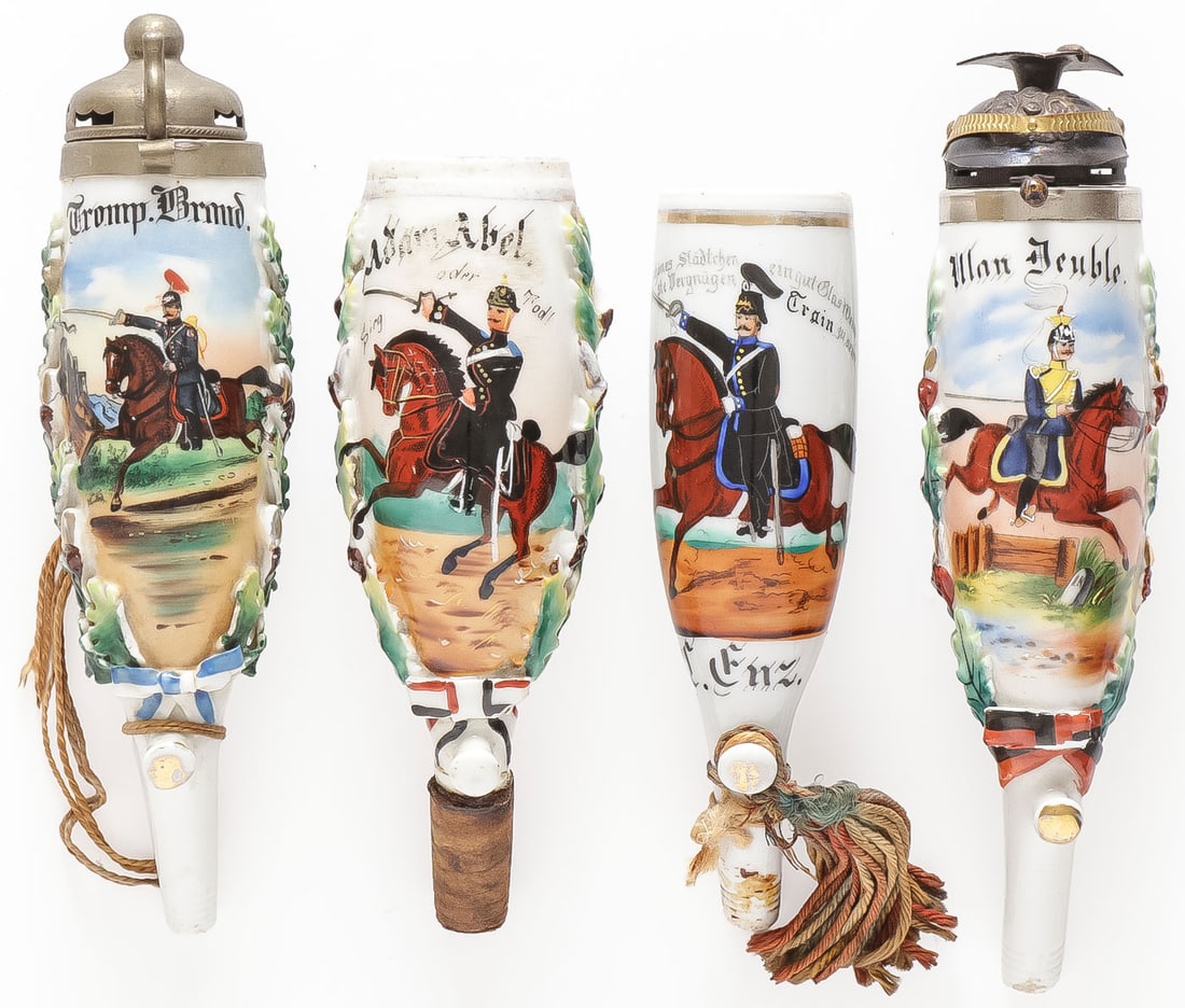 4 IMPERIAL GERMAN PORCELAIN RESERVIST PIPE BOWLS: 4 IMPERIAL GERMAN PORCELAIN RESERVIST PIPE BOWLS. Comprising 4 individual hand painted reservist pipe bowls, each showing a horse mounted soldier, each named and dated between 1889-1907, verso of one 