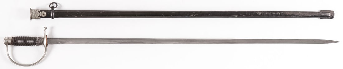 SCARCE GERMAN WWII WAFFEN SS NCO SWORD: SCARCE GERMAN WWII WAFFEN SS NCO SWORD. Allgemeine/Waffen SS NCO Degen/Sword. Ricasso with makers mark of Hermann Rath of Solingen. All parts are nickel plated steel, scabbard retains all of its origi