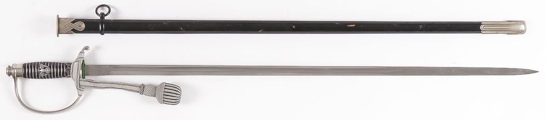 GERMAN WWII POLICE OFFICERS DRESS SWORD: GERMAN WWII POLICE OFFICERS DRESS SWORD. Ribbed grips with silver wire and police eagle, nickeled guard, pommel, throat and drag, with single edge straight bright blade with fuller, ricasso marked Pau