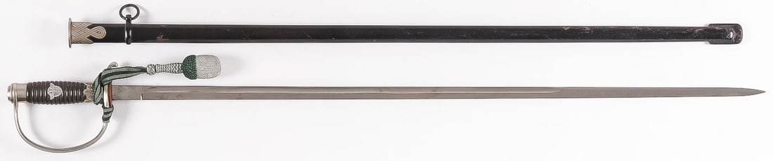 GERMAN WWII POLICE NCO DRESS SWORD: GERMAN WWII POLICE NCO DRESS SWORD. Ribbed grips with police eagle, nickeled guard, pommel and throat, with single edge straight bright blade with fuller, ricasso marked Paul Weyersberg & Co Solingen,