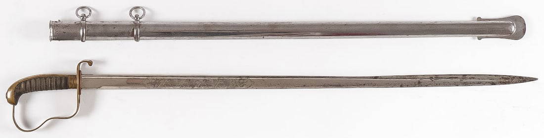 BAVARIAN M1855 INFANTRY OFFICER'S SWORD: BAVARIAN M1855 INFANTRY OFFICER'S SWORD. Brass hilt featuring flat P-guard, with broad reverse quillon with two slots. Dove-head pommel with integral backstrap. Grip covered with fish skin and wrapped