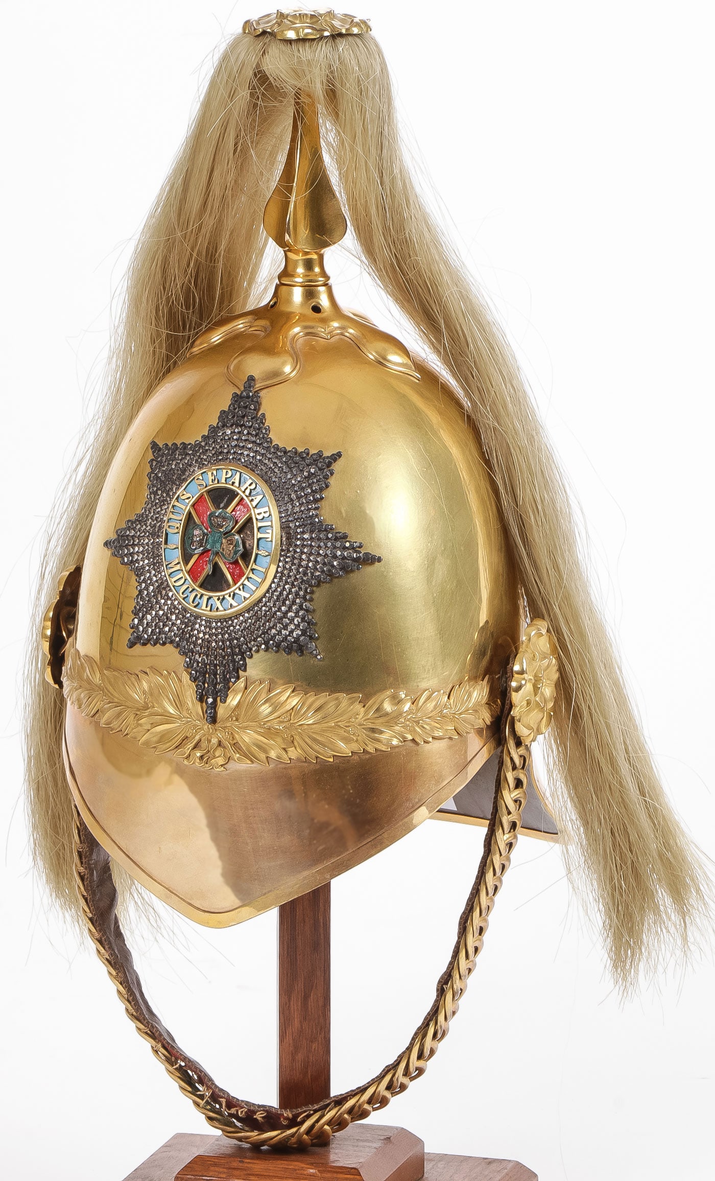 NAMED & CASED 4TH ROYAL IRISH DRAGOON HELMET: A FINE NAMED & CASED 4TH ROYAL IRISH DRAGOON GUARDS HELMET. Comprising a very fine identified 1871 pattern officer's helmet, gilt brass skull with laurel front band and oak leaf back strap, the silver