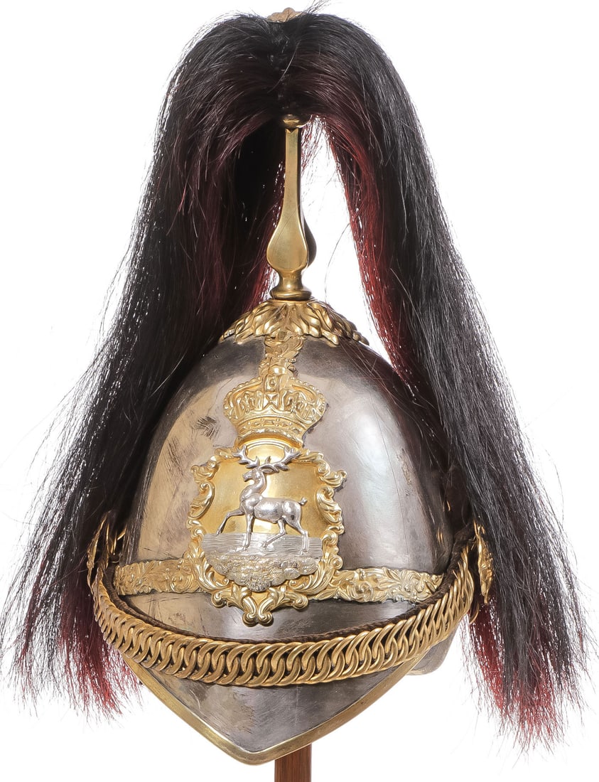 HERTFORDSHIRE YEOMANRY OFFICERS HELMET: HERTFORDSHIRE YEOMANRY OFFICERS HELMET. A scarce example of the 1871 pattern helmet, with silvered skull, mounted with brass acanthus leaf decoration. To the front the helmet plate of a brass backing 