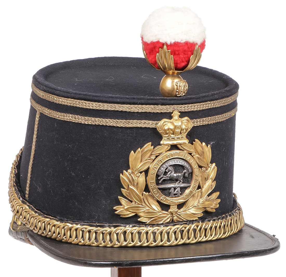 VICTORIAN OFFICERS YORKSHIRE REGIMENT SHAKO: VICTORIAN OFFICERS YORKSHIRE REGIMENT SHAKO. Comprising a fine circa 1869-1878 era officer's shako of The Prince of Wales Own West Yorkshire Regiment. Constructed of dark blue wool with bullion bandin
