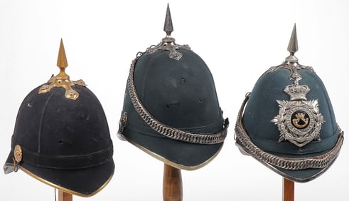 3 BRITISH HOME SERVICE SPIKED HELMETS, C. 1900