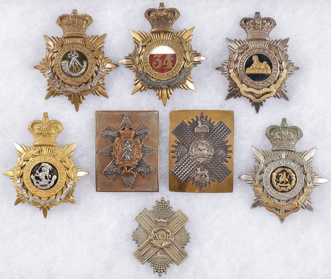 BRITISH VICTORIAN OFFICERS HELMET & SHOULDER BELT: BRITISH VICTORIAN OFFICERS HELMET & SHOULDER BELT PLATES. Comprising five individual officer helmet plates including The Shopshire Light Infantry, South Lancaster Regiment -1st Volunteer Battalion, Th