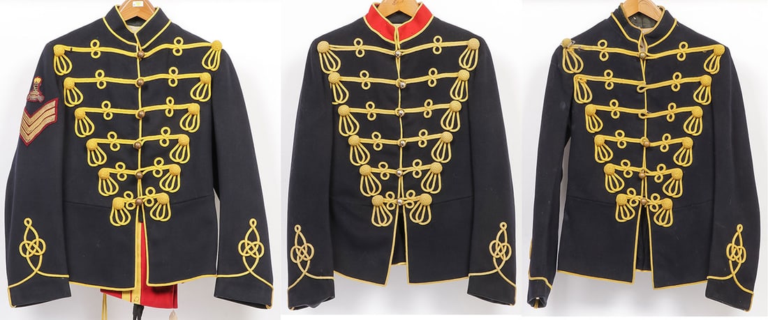 THREE BRITISH HUSSARS ATILLA JACKETS C.1900: THREE BRITISH HUSSARS ATILLA JACKETS C.1900. Comprising a good 11th Hussars sergeants' uniform including jacket and red pants with yellow and red piping, and embroidered 11th Hussars badge and sergean