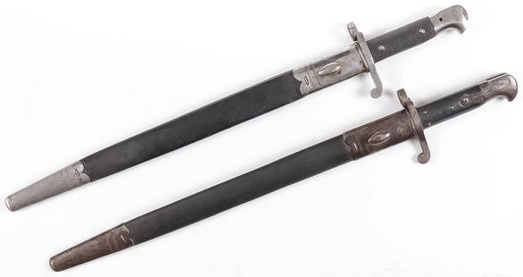 BRITISH 1885 & 1887 MK III SWORD BAYONETS: BRITISH 1885 & 1887 MK III SWORD BAYONETS. Comprising a pattern 1885 bayonet with fullered blade, painted checkered wood grips, leather scabbard with steel hardware, pommel stamped NEP 8832 and the ri