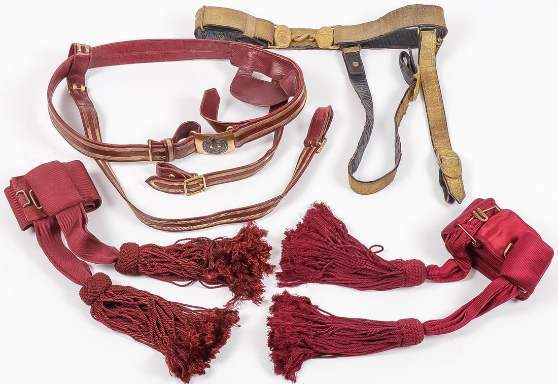 VICTORIAN BRITISH OFFICER'S SWORD BELT AND SASHES: VICTORIAN BRITISH OFFICER'S SWORD BELT AND SASHES. Comprising a Royal Artillery Officers sword belt, gold brocade covered black leather belt, with a very nice fire-gilt finished, two-piece buckle with