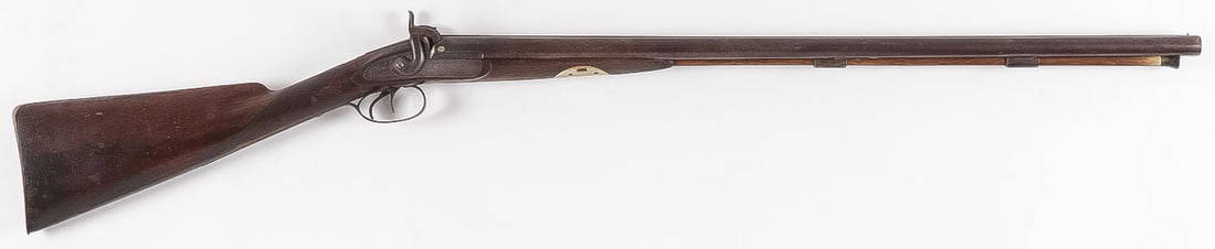 HOLLIS & SHEATH PERCUSSION SHOTGUN: HOLLIS & SHEATH PERCUSSION SHOTGUN. Comprising a Hollis and Sheath double barrel black powder percussion shotgun. Engraved lock plate, checkered walnut stock, original oak ramrod, approximately .12 ga