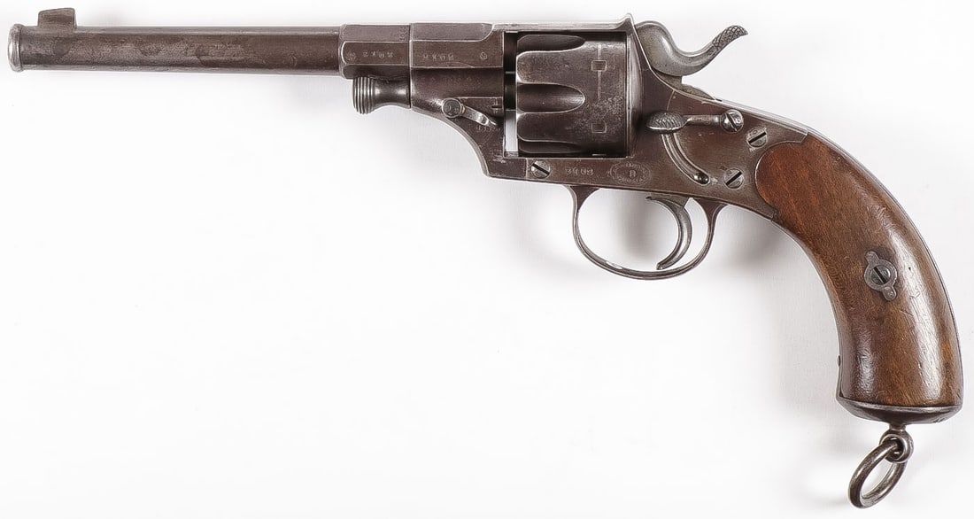 IMPERIAL GERMAN M1879 DREYSE REICHSREVOLVER: IMPERIAL GERMAN M1879 DREYSE REICHSREVOLVER & HOLSTER. Comprising a good unit marked and dated single action revolver, left side of frame with F.W. Dreyse mark in oval, dated 1882, pommel cap unit mar