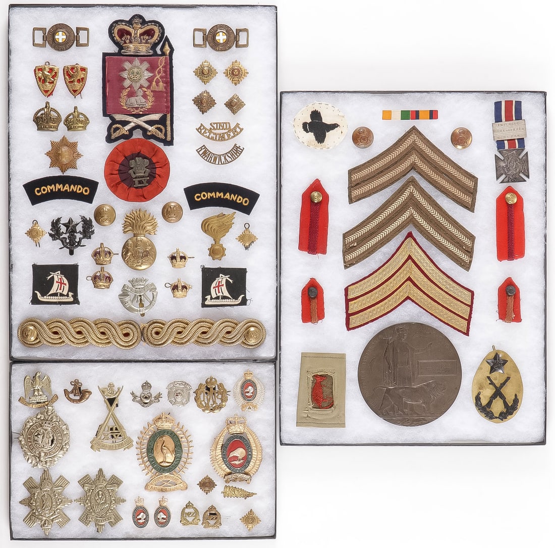 GREAT BRITISH MILITARY INSIGNIA GROUP C.1880-1945: GREAT BRITISH MILITARY INSIGNIA GROUP C.1880-1945. Comprising over 65 individual pieces including various regimental cap and hat badges, rank pips, buckles, patches, regimental uniform buttons and a W