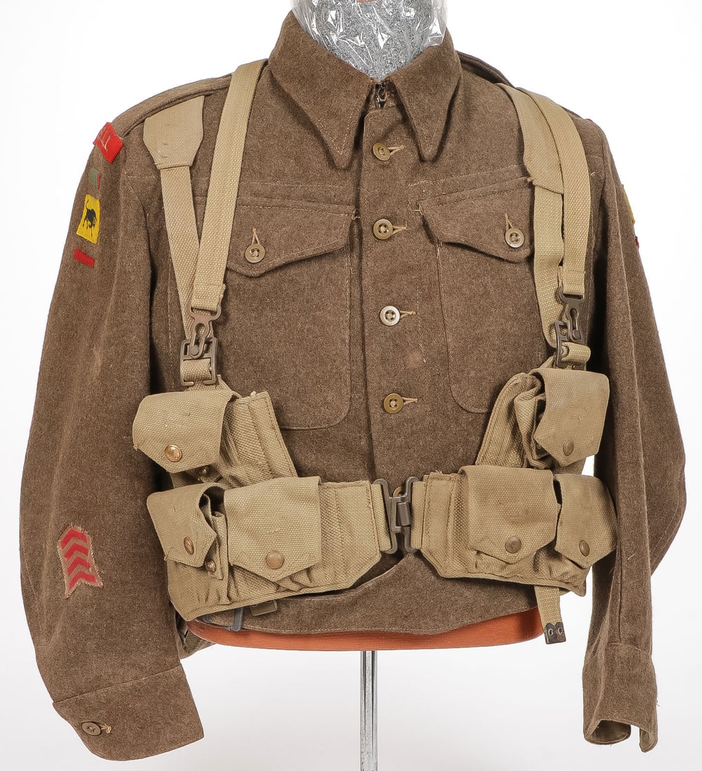 GOOD BRITISH WWII BATTLEDRESS & GEAR: GOOD BRITISH WWII BATTLEDRESS & GEAR. Comprising a British pattern 1940 wool battledress uniform top. Each shoulder with KSLI- Kings Shropshire Light Infantry tab above a sewn-on Croix De Guerre ribbo