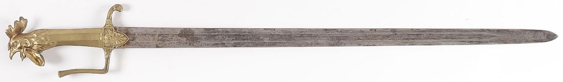 IMPRESSIVE FRENCH ROOSTER HEAD SAPPER SABER, 19TH: IMPRESSIVE FRENCH ROOSTER HEAD SAPPER SABER, 19TH C. Double edged blade with fullers, the blade etched with sun and moon, ornate cast brass hilt in the form of a crowing cockerel, and L-shaped guard. 