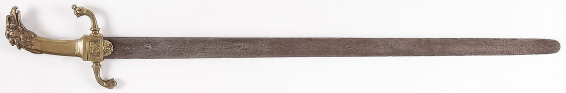 ORNATE FRENCH EAGLE HEAD SWORD, 19TH C: ORNATE FRENCH EAGLE HEAD SWORD, 19TH C. Straight double-edged blade, with ornate cast brass hilt modeled as an eagle head and with opposing cross guard terminating in lions head and the blade with mak