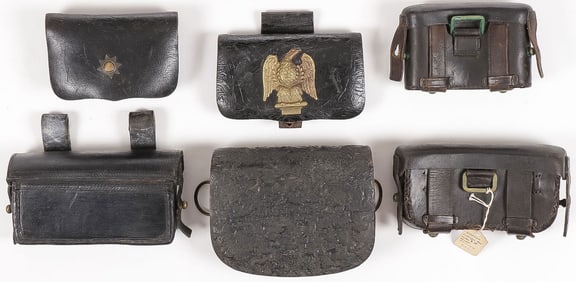6 EUROPEAN LEATHER CARTRIDGE BOXES, 19TH C