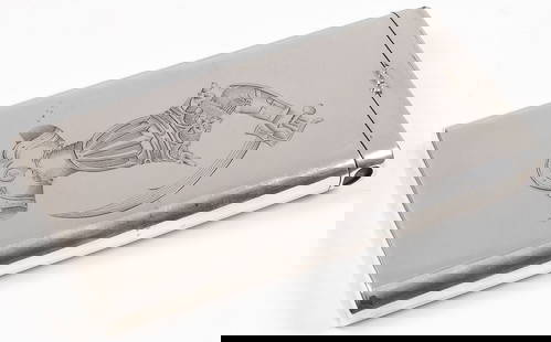 FINE RUSSIAN SILVER CIGAR CASE ST. PETERSBURG: FINE RUSSIAN SILVER CIGAR CASE ST. PETERSBURG C. 1875. Of rectangular form with rounded corners, the front with finely chased armorial depicting a knights head and hand with sword. The hinged lid with