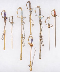 GREAT GOLD & ENAMEL VICTORIAN JABOT SWORD PINS