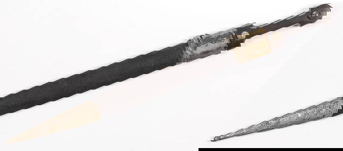 LARGE RUSSIAN COSSACK KINDJAL, C 1890: LARGE RUSSIAN COSSACK KINDJAL, C 1890. Double edged straight blade with offset fuller. The blade engraved in Cyrillic S.P. Two-piece horn grips, metal throat, chased hanger, and repousse decorated dra