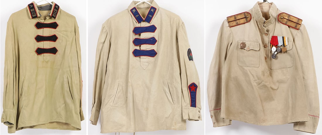 THREE RUSSIAN FIELD TUNICS C. 1915-1925: THREE RUSSIAN FIELD TUNICS C. 1915-1925. Comprising three individual tunics including an imperial officer's field tunic model 1907, two pockets, wood buttons, with five Imperial Russian medals and Sho