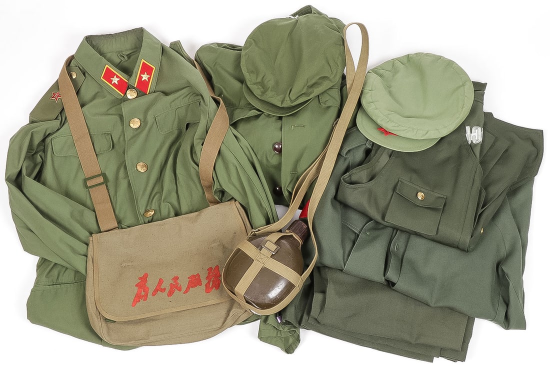 RED CHINA UNIFORM & ACCESSORIES: RED CHINA UNIFORM & ACCESSORIES. Comprising nine individual pieces including a Chinese Navy hat and four-pocket jacket, another four-pocket blouse with collar tabs and epaulettes, a Chinese canteen wi