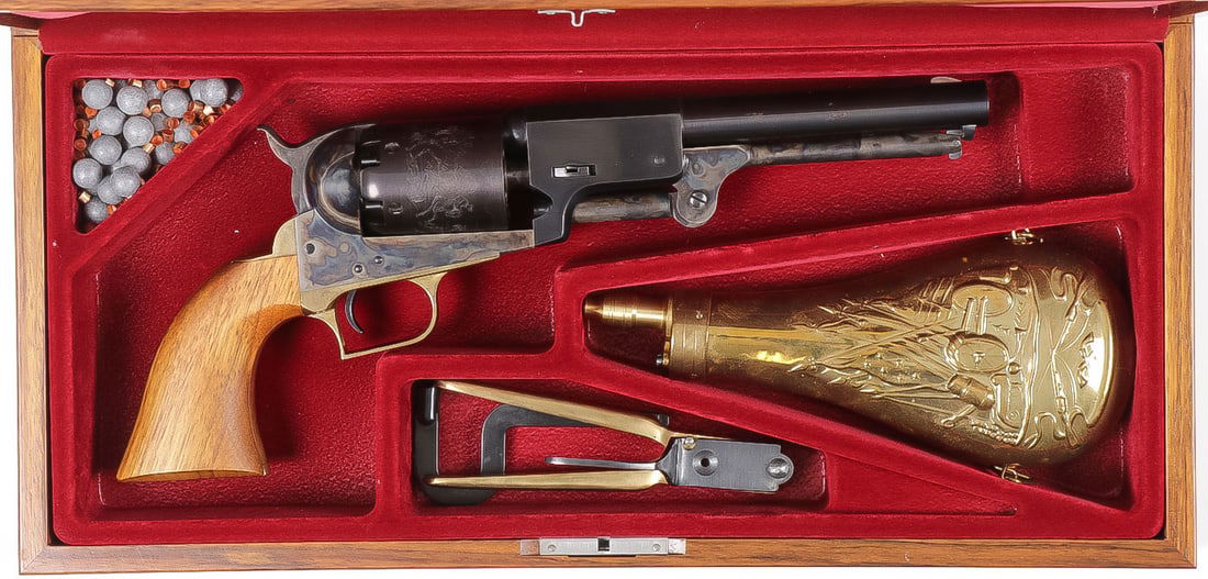 COLT MODEL 1848 1ST MODEL DRAGOON REVOLVER: A COLT MODEL 1848 1ST MODEL DRAGOON REVOLVER. Comprising a nice, cased reproduction Colt made M1848 1st Model Dragoon revolver in .44 cal. with six shot engraved cylinder and 7 ½ inch barrel and