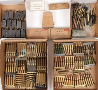 LARGE LOT OF MILITARY AMMO AND CLIPS: LARGE LOT OF MILITARY AMMO AND CLIPS. Comprising fifteen M-1 Garand clips, as well as various stripper clips with various calibers of ammo and some with just brass, as well as various vintage brass, s