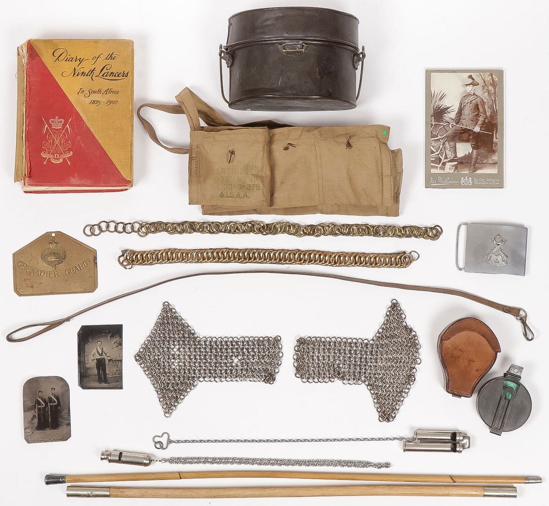 LARGE BRITISH UNIFORM & ACCOUTREMENT GROUP: LARGE BRITISH UNIFORM & ACCOUTREMENT GROUP. Comprising a large and diverse group of British militaria circa 1870-1945 including two tintypes of British soldiers circa 1870, a WWI mess kit, a cabinet c