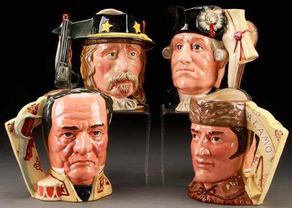 4 ROYAL DOULTON ANTAGONISTS CHARACTER JUGS: A SET OF FOUR ROYAL DOULTON "ANTAGONISTS" CHARACTER JUGS, INTRODUCED 1980S. Limited edition of 9,500. Each of two faced design. Comprising a "Custer/Sitting Bull" (6505), "Washington/George III" (1457