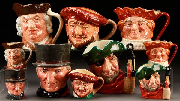 10 ROYAL DOULTON CHARACTER JUGS: TEN ROYAL DOULTON CHARACTER JUGS, LAST HALF 20TH CENTURY. Comprising a large and small "Sam Johnson", a large and small "Drake", a large and small "Old King Cole", a large and small "John Peel", and a