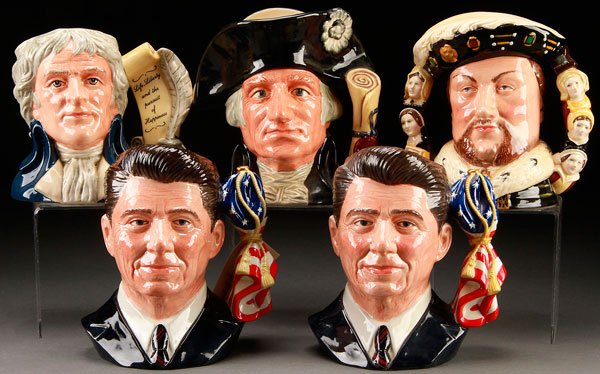 5 ROYAL DOULTON CHARACTER JUGS: FIVE ROYAL DOULTON CHARACTER JUGS, LATE 20TH CENTURY. Comprising a "Thomas Jefferson" (1559), a "George Washington", a "King Henry VII" (351), and two "Ronald Regan" (507 and 532, one with chips, both