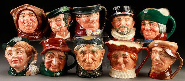 10 ROYAL DOULTON CHARACTER JUGS: TEN ROYAL DOULTON CHARACTER JUGS, LAST HALF 20TH CENTURY. Comprising a "Friar Tuck", a "Simple Simon", a "Tony Weller", a "Beefeater", a "Toby Philpots", a "Dick Whittington", an "Uncle Tom Cobbleigh"