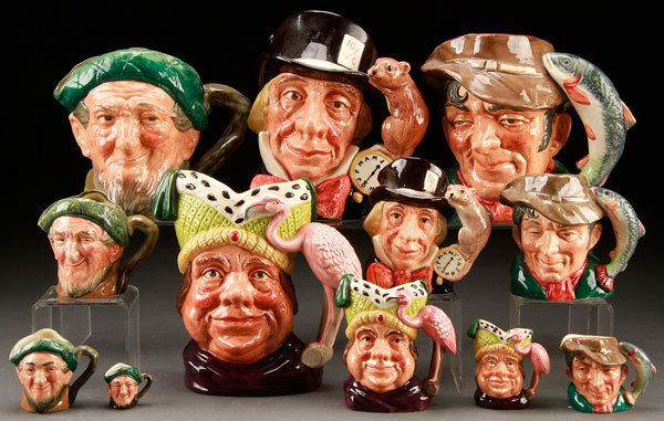 12 ROYAL DOULTON CHARACTER JUGS: 12 ROYAL DOULTON CHARACTER JUGS, THIRD QUARTER 20TH CENTURY. Comprising a large, small, mini and tiny "Auld Mac", a large, small and mini "Mad Hatter", a large, small and mini "Poacher", and a large,