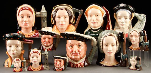 13 ROYAL DOULTON CHARACTER JUGS HENRY VIII/WIVES: 13 ROYAL DOULTON "HENRY VIII AND WIVES" CHARACTER JUGS, THIRD QUARTER 20TH CENTURY. Comprising a large, small and mini "Catherine of Aragon", a large "Catherine Howard", a large "Jane Seymour", a larg