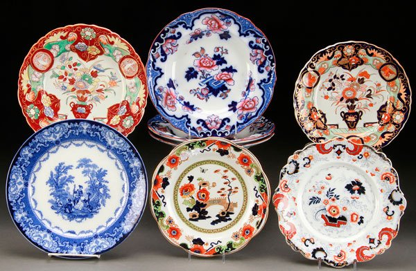 8 PIECE GROUP OF ENGLISH CERAMICS: AN EIGHT PIECE GROUP OF ENGLISH CERAMICS, 19TH CENTURY. Comprising various Indian Tree, chinoiserie patterns and a Watteau scenic. By various makers including Doulton, Masons, Keeling, and others. Lar