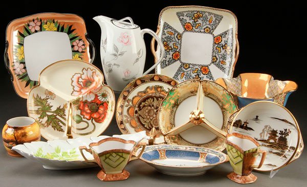 13 PIECES HAND PAINTED NORITAKE PORCELAIN: A 13 PIECE HAND PAINTED NORITAKE ART DECO PORCELAIN GROUP, EARLY TO MID 20TH CENTURY. Comprising various bowls, nappies, and service pieces, with various decoration including art deco floral and sceni