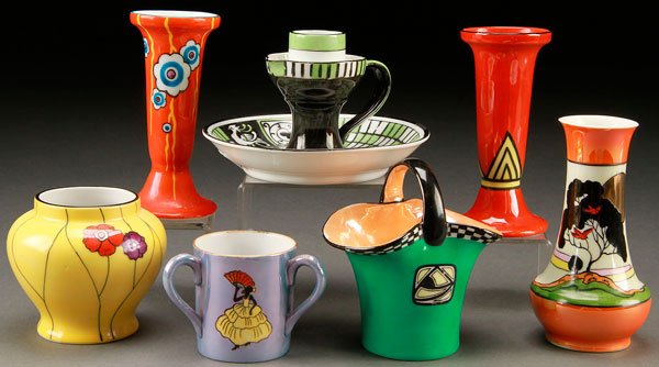 7 PIECES HAND PAINTED NORITAKE ART DECO PORCELAIN: A SEVEN PIECE HAND PAINTED NORITAKE ART DECO PORCELAIN GROUP, EARLY 20TH CENTURY. Comprising three bud vases, a chamber stick decorated with roosters, a handled basket, three handled toothpick, and ye