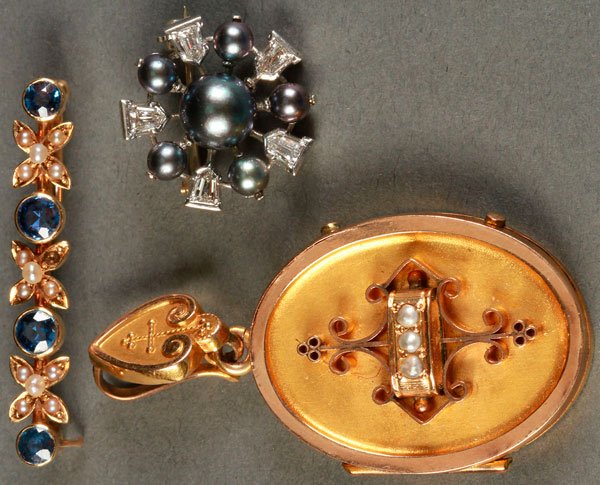 A VINTAGE GOLD, PLATINUM AND PEARL JEWELRY GROUP: A VINTAGE GOLD, PLATINUM AND PEARL JEWELRY GROUP, EARLY TO MID 20TH CENTURY. Comprising a platinum, diamond and black pearl lapel pin of rosette form with six black pearls, the largest approximately 7
