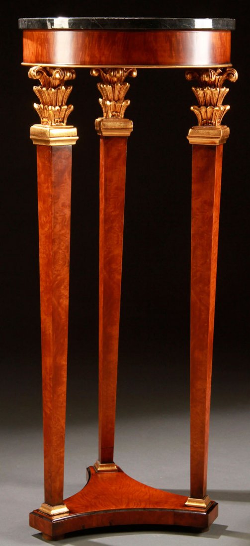 FRENCH EMPIRE REVIVAL GILT WOOD & MARBLE PEDESTAL: A FRENCH EMPIRE REVIVAL GILT BURL WOOD AND MARBLE TOPPED TALL PEDESTAL, CONTEMPORARY. By Cappellini Italy. Height 43.5 inches (110.5 cm).