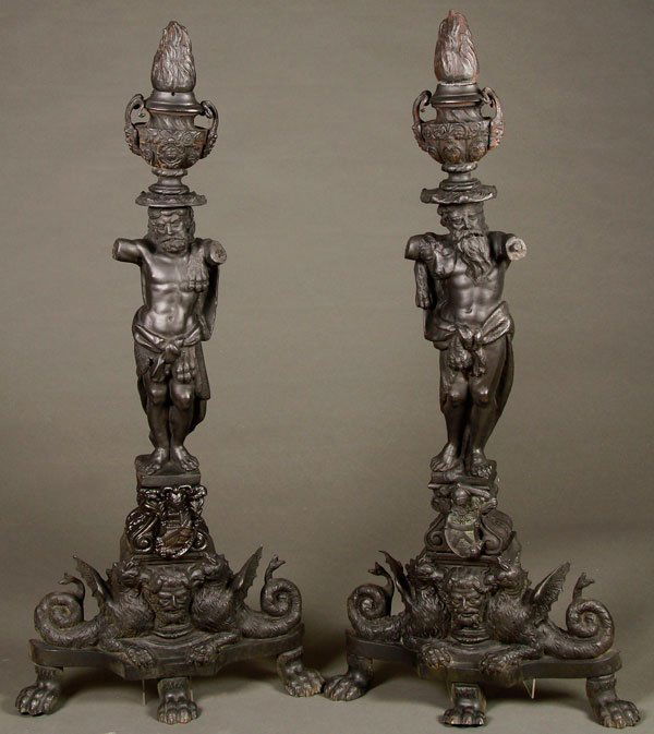 19TH CENTURY NEOCLASSIC FIGURAL BRONZE ANDIRONS FRENCH: A PAIR OF LARGE AND IMPRESSIVE FRENCH 19TH CENTURY BRONZE NEOCLASSIC FIGURAL ANDIRONS. Finely sculpted in the form of Hercules with draped lions cloak, atop a three claw footed figural pedestal with w