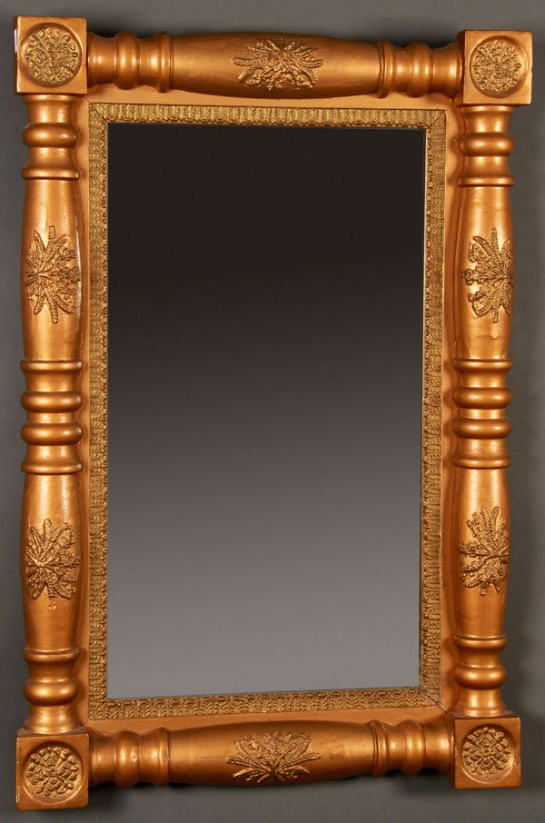 PAIR OF AMERICAN EMPIRE PERIOD GILT WALL MIRRORS: A GOOD PAIR OF AMERICAN EMPIRE PERIOD GILT WALL MIRRORS, EARLY 19TH CENTURY. With half turned columns and applied rosettes. One with original gilt, 34 inches x 17.5 inches (86 x 44.5 cm). The other wi