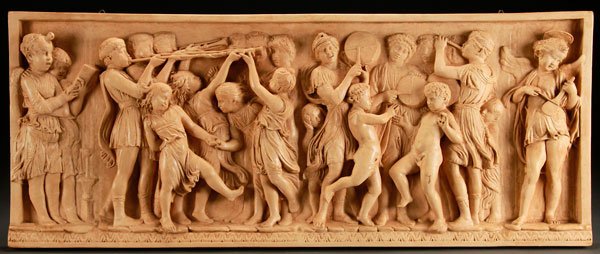 LARGE 19TH C. MOLDED PLASTER BAS RELIEF PANEL: A LARGE MOLDED PLASTER BAS RELIEF PANEL, 19TH CENTURY. Depicting a musical procession. 21 inches x 53 inches (53.3 x 134.6 cm).