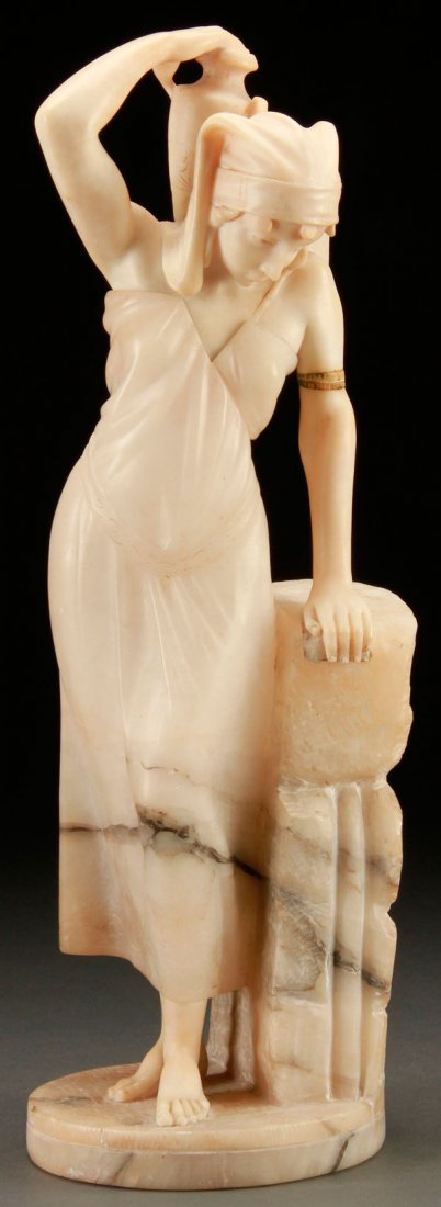 ITALIAN NEOCLASSICAL CARVED ALABASTER FIGURE: AN ITALIAN NEO-CLASSICAL CARVED ALABASTER FIGURE, CIRCA 1900. Depicting a standing young beauty with urn, apparently unmarked. Height 18.5 inches (47 cm).
